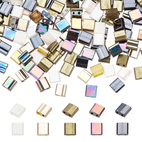 SUNNYCLUE 1 Box 500 Stück 5 Stil 5 x 5 mm Glas-Tila-Perlen, japanische quadratische Fliesen-Glas-Rocailles, Doppelloch-Verbindungsstück-Abstandshalter für Schmuckherstellung, Basteln, Perlen von SUNNYCLUE