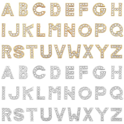 SUNNYCLUE 1 Box 52 Stück 52 Stile Strass Buchstabenanhänger Legierung Alphabet Perlen Großpackung Gold/Silber Metall Volle Strasssteine A Bis Z Schiebe Charm Perle Für Die Schmuckherstellung Armbänder von SUNNYCLUE