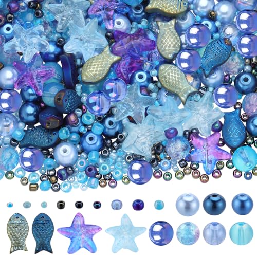 SUNNYCLUE 1 Box 540 Stück Ozean Perlen Set Glas Sommerperlen Fisch Seestern Perlen Glas Rocailles Blaue Hawaii Meerestier Perlen Glasperlen Für Die Schmuckherstellung Perlen Kits DIY Armband Halskette von SUNNYCLUE