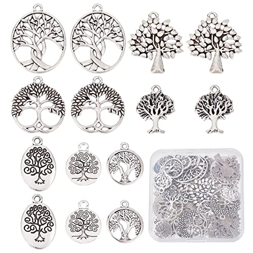SUNNYCLUE 1 Box 56 Stück 14 Stile Lebensbaum Anhänger Bäume Charm Blatt Antik Silber Frühling Flacher Runder Tibet Stil Legierung Charme Für Schmuckherstellung Charme Erwachsene DIY Halskette von SUNNYCLUE