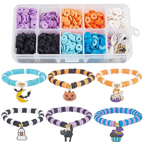 SUNNYCLUE 1 Box 6 Set Halloween Armbänder Herstellungsset Polymer Ton Perlen 8 mm Tonperlen Set Kürbis Katzen Charms Heishi Perlen Für Schmuckherstellungs Sets Anfänger Anfänger Frauen DIY Halloween A von SUNNYCLUE