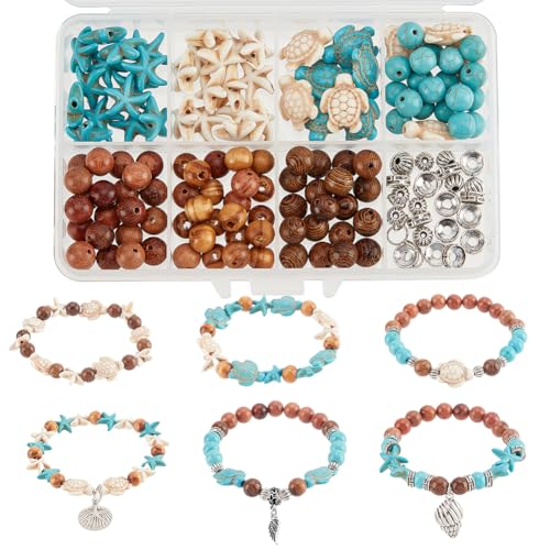 SUNNYCLUE 1 Box 6 Sets Ozean Armband Herstellungsset Meeresschildkröten Perlen Schildkröten Anhänger Seestern Charms Holzperlen Sommer Ozean Perlen Meerestier Perlen Blau Türkise Muschelperlen Für Sch von SUNNYCLUE