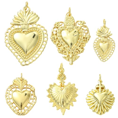 SUNNYCLUE 1 Box 6 Stück 6 Stile Echter 18 Karat Vergoldeter Messing Herzanhänger Heilige Herzen Anhänger Valentinstag Cinco De Mayo Anhänger Mit Biegering Für Die Schmuckherstellung Armbänder Halskett von SUNNYCLUE