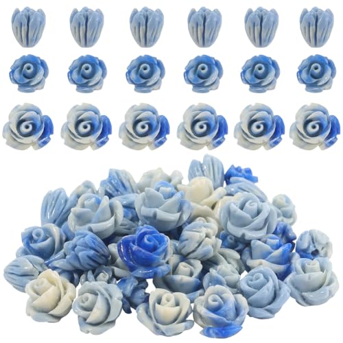SUNNYCLUE 1 Box 60 Stück 3 Stile Blaue Rosenblütenperlen Geschnitzte Floridnperlen Lose Synthetische Korallen Künstlich Gefärbte Jasminblüten Lose Abstandshalter Für Die Schmuckherstellung Halsketten von SUNNYCLUE