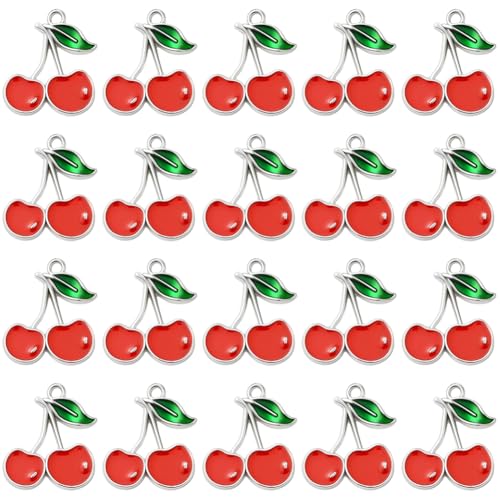 SUNNYCLUE 1 Box 60 Stück Süße Kirsch Anhänger Rote Kirschen Charms Großpackung Legierung Emaille Silber Metall Flach Klein Baumelnd Lebensmittel Obst Anhänger Für Schmuckherstellung Zubehör DIY Bastel von SUNNYCLUE