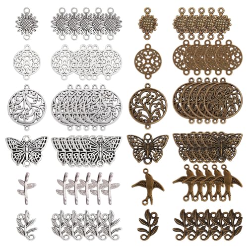 SUNNYCLUE 1 Box 72 Stück 12 Stile Blume Verbinder Charms Baum Des Lebens Verbinder Charms Metallglied Charm Schmetterling Sonnenblume Charm Für Schmuckherstellung Charms DIY Ohrring Halskette Armband von SUNNYCLUE