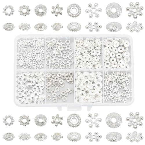 SUNNYCLUE 1 Box 8 Stile 320 Stück Silberne Abstandsperlen Tibetische Metallperlen Lose Antik Legierung Flache Gänseblümchen Schneeflocken Rondelle Lose Abstandsanhänger Für Schmuckherstellung DIY Hals von SUNNYCLUE