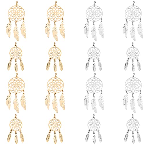 SUNNYCLUE 1 Box 8Stück Traumfänger Charms Traumfänger Charm Edelstahl Feder Charm Hohl Metall Doppelseitig Charms Für Die Schmuckherstellung Charm Ohrringe Halskette Schlüsselanhänger Frauen DIY von SUNNYCLUE