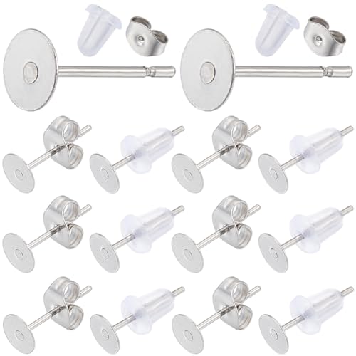 SUNNYCLUE 1 Box 900 Stück 5 mm 304 Edelstahl Ohrringpfosten und Verschlüsse, flache Polster, Ohrstecker, Silber, rund, blanko, Ohrstecker für Schmuckherstellung, handgefertigte Ohrringe, Zubehör für von SUNNYCLUE