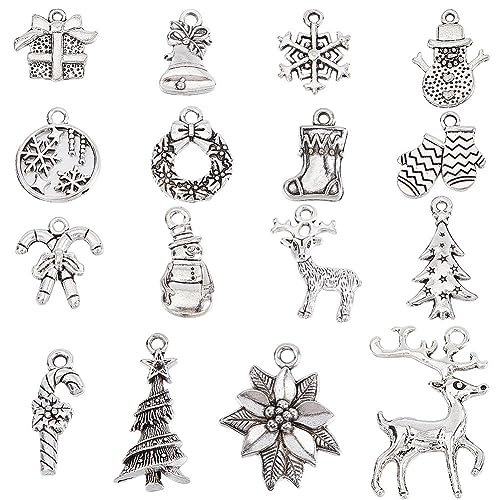 SUNNYCLUE 1 Box 96 STÜCK 16 Stile Weihnachts Charms Bulk Winter Charm Tibetische Legierung Silber Weihnachtsbaum Weihnachtsge Schenk Süßigkeiten Schneemann Hirsch Schneeflocke Charm Für Die Schmuck von SUNNYCLUE