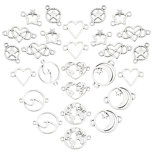 SUNNYCLUE 1 Box 96Stück 8Stile Antik Silber Verbindungs Charms Im Tibetischen Stil Legierungs Verbindungs Charm Herz Flache Runde Stern Hohle Verbindungs Verbindungsstücke Für DIY Bastelbedarf von SUNNYCLUE