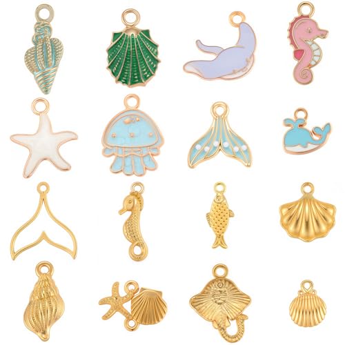 SUNNYCLUE 1 Box 98 Stück 16 Stile Sommer Ozean Charm Set Mini Meer Metall Charms Bulk Goldlegierung Strand Muschel Fisch Seestern Seepferdchen Qualle Wal Anhänger Für Die Schmuckherstellung Ohrringe D von SUNNYCLUE