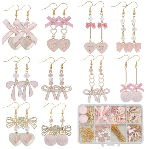 SUNNYCLUE 1 Box DIY 10 Paar Ohrring Bastelset Rosa Schleifen Anhänger Schleifen Anhänger Herz Verbindungsstücke Schleifen Baumelnde Ohrringe Glas Abstandshalter Perlen Für Schmuckherstellungs Sets Fra von SUNNYCLUE