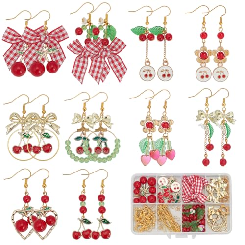 SUNNYCLUE 1 Box DIY 10 Paar Ohrring Bastelsets Kirsch Charms Süße Ohrring Sets Kirsch Charm Polyesterband Schleife Acryl Abstandshalterperlen Für Schmuckherstellungssets Frauen Erwachsene Bastelbedarf von SUNNYCLUE