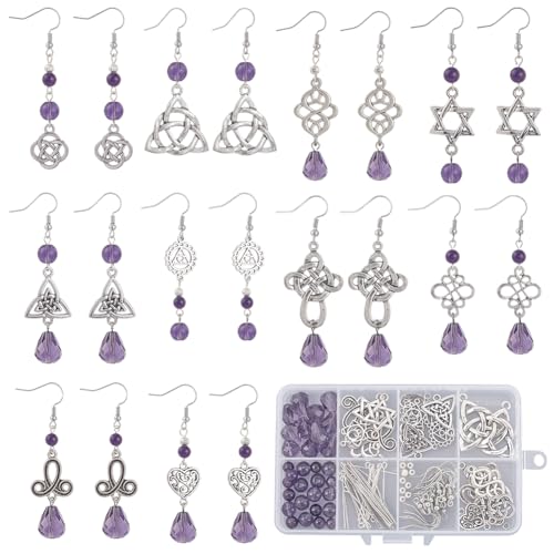 SUNNYCLUE 1 Box DIY 10 Paar Ohrringe Bastelset Keltisch Trinity Knot Charm Traditionelle Irische Keltisch Charms Keltisch Knot Charms Lila Glas Abstandshalterperlen Für Schmuckbastelsets Für Erwachsen von SUNNYCLUE