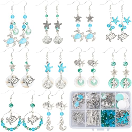 SUNNYCLUE 1 Box DIY 10 Paar Sommer Ohrring Bastelset Meerestier Perlen Antik Silber Tibetischer Stil Schildkröte Seepferdchen Schildpatt Sterne Perlenanhänger Für Schmuckherstellungssets Für Erwachsen von SUNNYCLUE