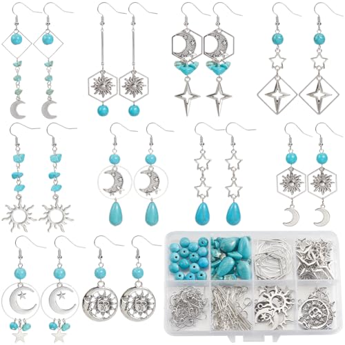 SUNNYCLUE 1 Box DIY 10 Paar Türkisfarbene Ohrringe Starter Set Zum Herstellen von Ohrringen Stern Verbindungsstück Charm Synthetischer Türkis Edelstein Chip Metalllegierung Silber Hohle Mond/Sonnenpe von SUNNYCLUE
