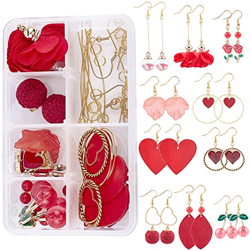 SUNNYCLUE 1 Box DIY 10 Paar Valentinstag Ohrring-Kits Rote Blume Kirsche Charms Runde Stoff Stoff Herz Leder Anhänger Mit Ohrringhaken Für Handgefertigte Ohrringe Anfänger von SUNNYCLUE