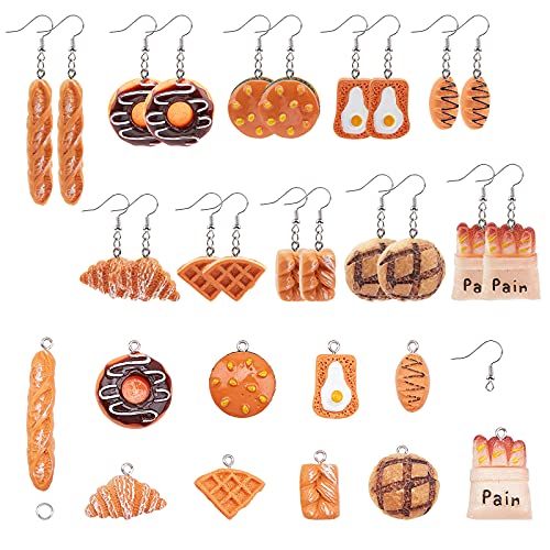 SUNNYCLUE 1 Box DIY 10Paar Ohrring Herstellungssets Zum Thema Lebensmittel Simulation Croissant Baguette Brot Hamburger Toast Kunstharz Anhänger Charms Mit Ohrringhaken Für Die Schmuckherstellung von SUNNYCLUE