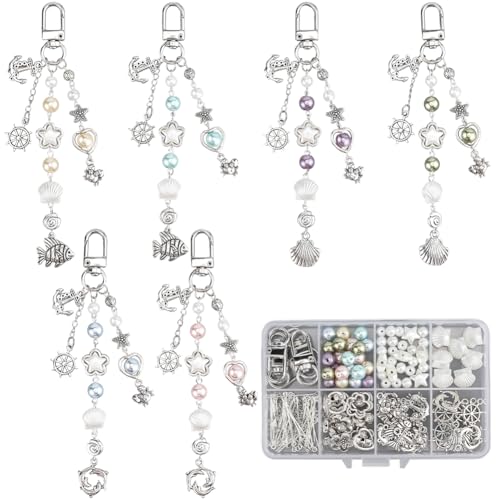 SUNNYCLUE 1 Box 217 Stück 6 Sets DIY Schlüsselanhänger Set Handtaschenanhänger Dekorative Anhänger Schlüsselanhänger Basteln Herstellung Seestern Ruder Drehverschlüssen Set Für Frauen Selber Machen von SUNNYCLUE