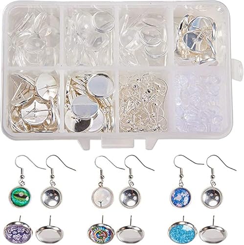 SUNNYCLUE 1 Box 150Stück 12mm DIY 30Paare Cabochon Anhänger Ohrstecker Machen Kit für die Schmuckherstellung Ohrring Lünette Einstellungen mit Klarglas Cabochons Ohrhaken Ohrhänger Ohrstecker Silber von SUNNYCLUE