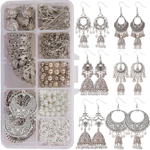 SUNNYCLUE 1 Box DIY 6 Paar Retro Vintage Brokat Mexiko Gypsy Ohrringe Lotus Hook Dangle Indian Jhumka Jhumki Schmuckherstellung Kit für Mädchen und Frauen Einführung inbegriffen von SUNNYCLUE