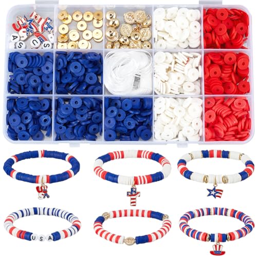 SUNNYCLUE 1 Box DIY 6 Sets Armband Bastelset Zum Unabhängigkeitstag 4. Juli Polymer Tonperlen Amerikanische Flaggen Anhänger USA Flaggen Anhänger Patriotische Anhänger Rot Weiß Blau Perlen Für Schmuck von SUNNYCLUE
