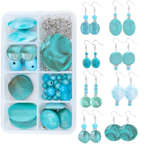 SUNNYCLUE 1 Box DIY 8 Paar Acryl-Perlen-Tropfen-Ohrringe Bausätze Flach Rund Oval Rechteckig Quadratisch Acryl-Perlen & Synthetische Türkis-Perlen & Ohrring-Haken Für Anfänger von SUNNYCLUE