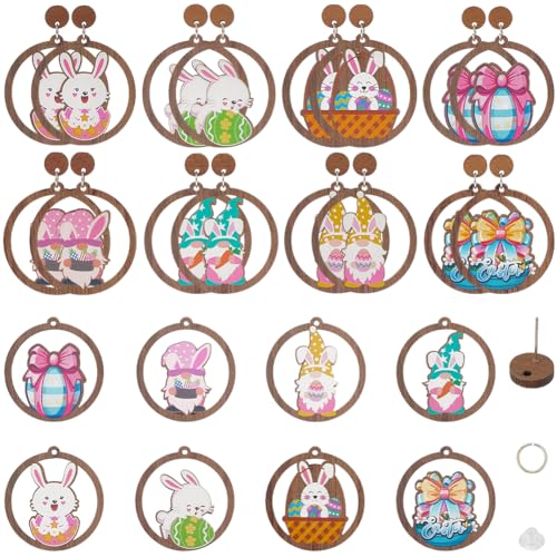 SUNNYCLUE 1 Box DIY 8 Sets Holz-Ohrring-Kits, Oster-Ohrring-Charms, Holzanhänger, buntes Ei, Kaninchen-Charms, Großpackung, niedlicher Tier-Hasen-Anhänger für Schmuckherstellung, Kits für Erwachsene von SUNNYCLUE