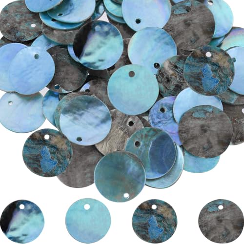 SUNNYCLUE 1 Box Mit 150 flachen Runden Muschelperlen Sommer Muschel Charms 15 mm Scheibe Muschel Charms Natürliche Akoya Muschel Gefärbt Blaue Münze Perlmutt Charm Für Schmuckherstellung Charms DIY Ba von SUNNYCLUE