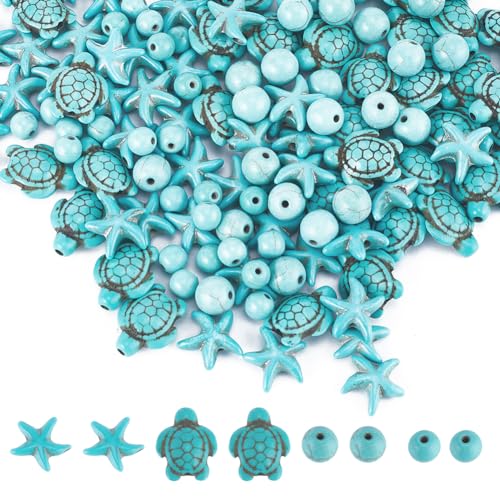 SUNNYCLUE 1 Box Mit 200 Stück Meeresschildkröten Perlen Seestern Perlen Charms Boho Stil Meerestier Perlen 8 mm 6 mm Runde Türkisfarbene Zwischenperlen Große Blaue Meeresschildkröten Schildkröten Perl von SUNNYCLUE