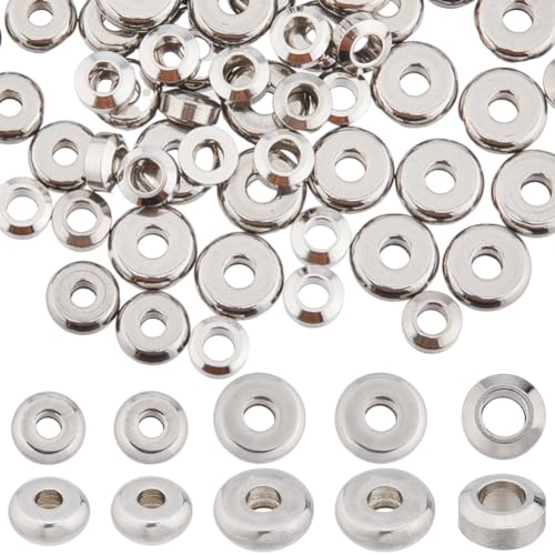 SUNNYCLUE 1 Box Mit 240 Stück 3 Größen Edelstahl Abstandsperlen Bulk 4 mm 5 mm 6 mm Kleine Flache Runde Lose Abstandsperlen Mini Festscheiben Heishi Metallperlen Für Die Schmuckherstellung Perlen Sets von SUNNYCLUE