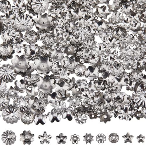 SUNNYCLUE 1 Box Mit 300 Stück 10 Stile Blumen Perlenkappen Silberne Abstandsperlen Großpackung Mit Mehreren Blütenblättern Filigrane Blumen Perlenkappen Aus Edelstahl Beschläge Zur Schmuckherstellung von SUNNYCLUE