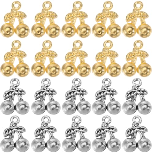 SUNNYCLUE 1 Box Mit 80 Kirschanhängern Metall Obstanhänger Großpackung Gold Silber Legierung Vintage Obst Kirschen Blätter Mini Anhänger Zur Schmuckherstellung Anhänger Armbänder Ohrringe DIY Bastelzu von SUNNYCLUE