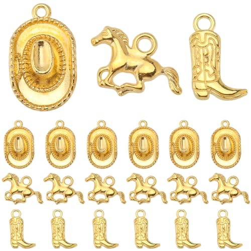 SUNNYCLUE 1 Box Mit 90 Stück Western Cowboy Charms Im Tibetischen Stil 3D Miniatur Cowboy Cowgirl Hut Charm Goldener Pferde Charm Doppelseitiger Stiefel Schuh Charm Für Die Schmuckherstellung Charms D von SUNNYCLUE