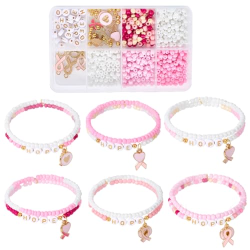 SUNNYCLUE 1 Box Mit Ca 680 Stück DIY 6 Sets Armbänder Zur Brustkrebs Aufklärung Rosa Armband Bastelsets Alphabet Band Herz Buchstaben Anhänger Für Schmuckherstellungssets Zubehör Für Frauen Anfänger E von SUNNYCLUE