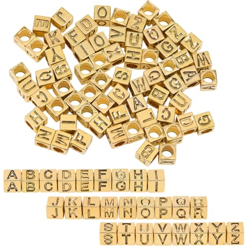 SUNNYCLUE 1 Box mit 104 goldfarbenen Alphabet-Perlen, quadratisch, Buchstaben-Perlen-Set, Metalllegierung, antiker Würfel von A bis B, großes Loch, lose Abstandshalter, Perlen für Schmuckherstellung von SUNNYCLUE