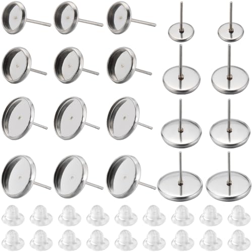 SUNNYCLUE 1 Box mit 160 Stück 6 mm, 8 mm, 10 mm, 12 mm Ohrstecker-Lünetten mit 160 Stück Silikon-Ohrring-Verschlüssen, Silber-Cabochon-Fassung, Harz, Edelstahl, Ohrringpfosten für Schmuckherstellung von SUNNYCLUE