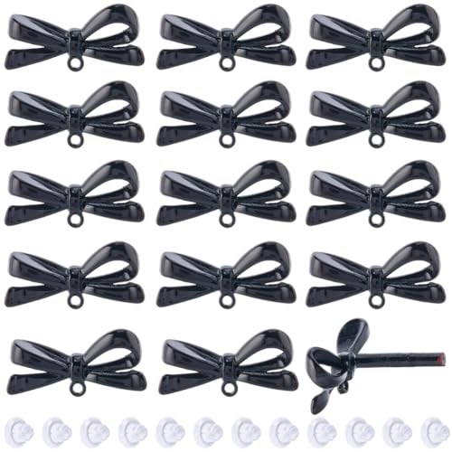 SUNNYCLUE 1 Box mit 24 Schleifen-Ohrringen, schwarze Schleifen-Ohrringe, Metall, bemalte Legierung, Kokettschleifen, Krawattenschlaufe, baumelnde Ohrstecker mit transparenten Kunststoff-Ohrmuttern für von SUNNYCLUE