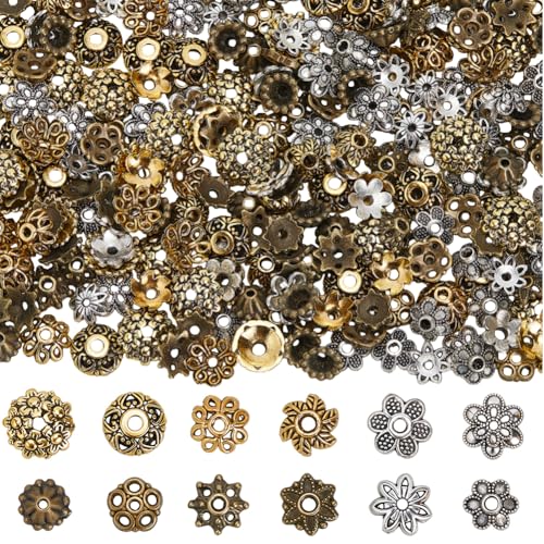 SUNNYCLUE 1 Box mit 360 Stück filigranen Perlenkappen aus Metall, goldfarben, antike tibetische Silberlegierung, hohle Blumen, lose Enden, Abstandshalter für Schmuckherstellung, Basteln, Armband von SUNNYCLUE