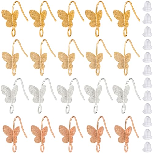 SUNNYCLUE 1 Box mit 40 Stück Schmetterlings-Ohrringhaken, Messing-Ohrhaken, Großpackung, Silber, Rotgold, Metall, Schleife, Schmetterlinge, Ohrring-Findungen mit Kunststoff-Ohrmuttern für von SUNNYCLUE
