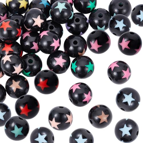 SUNNYCLUE 1 Box mit 50 schwarzen Acrylperlen, 15 mm große, runde Kunststoffperlen, buntes Sternenmuster, große klobige Kaugummi-Perlen für Perlenstifte, zur Herstellung von Schlüsselanhängern, Basteln von SUNNYCLUE