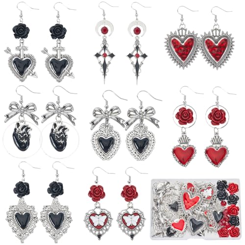 SUNNYCLUE 1 Box mit 8 Paar Gothic-Ohrring-Bastelsets, rote schwarze Herz-Anhänger, Kreuz-Anhänger, Großpackung, Halloween, Schmetterlings-Charms, Rosenperlen für Schmuckherstellung, DIY, baumelnde von SUNNYCLUE