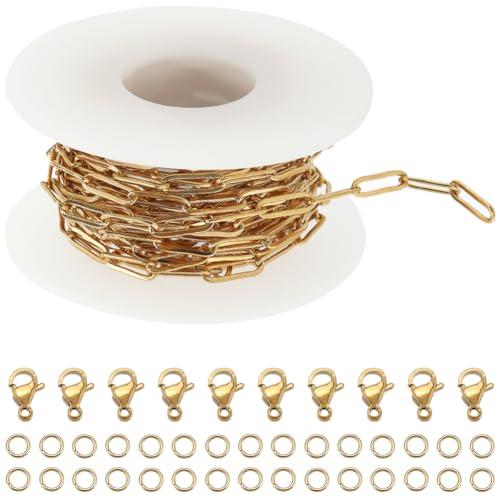 SUNNYCLUE 1 Rolle 16.4 Fuß/5 m Edelstahl Büroklammerkette Lose 12x4 mm Goldene Büroklammerketten Echte 18 Karat Vergoldete Glieder 10 Stück Karabinerverschlüsse 30 Stück Offene Biegeringe Für Schmuckh von SUNNYCLUE