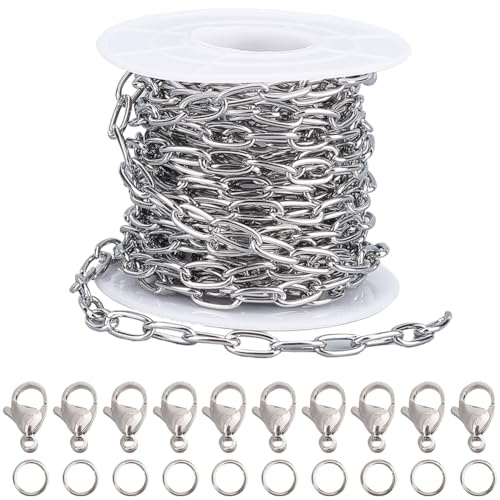 SUNNYCLUE 1 Rolle 164 Fuß/5 m 5mm Silberne Büroklammerkette Büroklammerketten Set Edelstahl Biegeringe Karabinerverschlüsse Glieder Für Schmuckherstellung Basteln Halsketten Armbänder Heimwerkerbedar von SUNNYCLUE