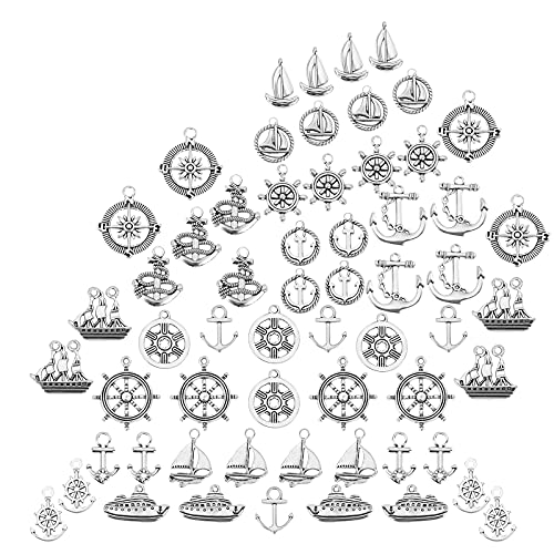 SUNNYCLUE 1 Schachtel 60 Stück 15 Stile Anker-Charms Im Tibetischen Stil Legierung Helm Schiff Flach Rund Boot Fahrzeug Radform Ozean Segeln Thema Anhänger Für Die Herstellung von von SUNNYCLUE