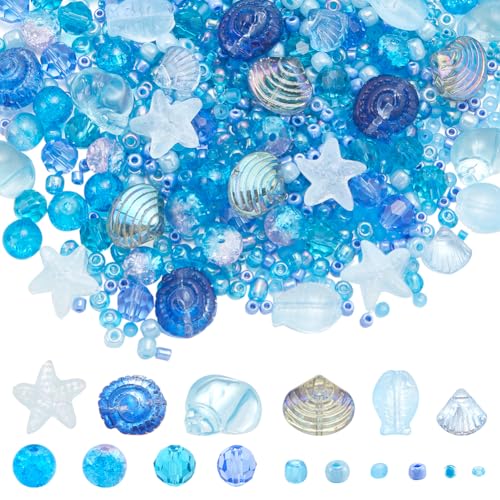 SUNNYCLUE 1 Schachtel 3000 Stück Fisch Perle Perlen Set Ocean Blaue Ozeanperlen Set Sommer Glasperlen Große Menge Süße Kleine Cyanfarbene Hawaii Seefische Muscheln Seesterne Abstandshalter Runde von SUNNYCLUE