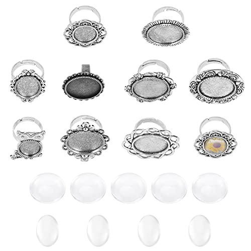 SUNNYCLUE 1 Tüte 9 Sätze 18 Stück Antiksilber Einstellbare Blanko Cabochon Ringfassungen Fingerring Sets Mit Glas Cabochons Für Anfänger Zum Basteln von Ringen von SUNNYCLUE