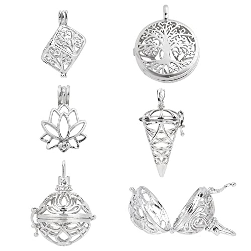 SUNNYCLUE 10 Stück 5 Stile Käfig Charms Messing Medaillon Charms Steine Halter Halskette Silber Hohle Spirale Perlenkäfige Lotus Baum des Lebens Charms Für Schmuckherstellung Charms Frauen Erwachsene von SUNNYCLUE