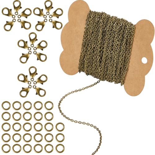 SUNNYCLUE 10 m lange 3 mm Panzerkette auf Rolle, Bronzekette, Metall, Eisen, antikes rundes Twist-Kabelverbindungs-Set mit Messing-Binderingen, Legierung, Karabinerverschlüsse für Schmuck, Armband von SUNNYCLUE